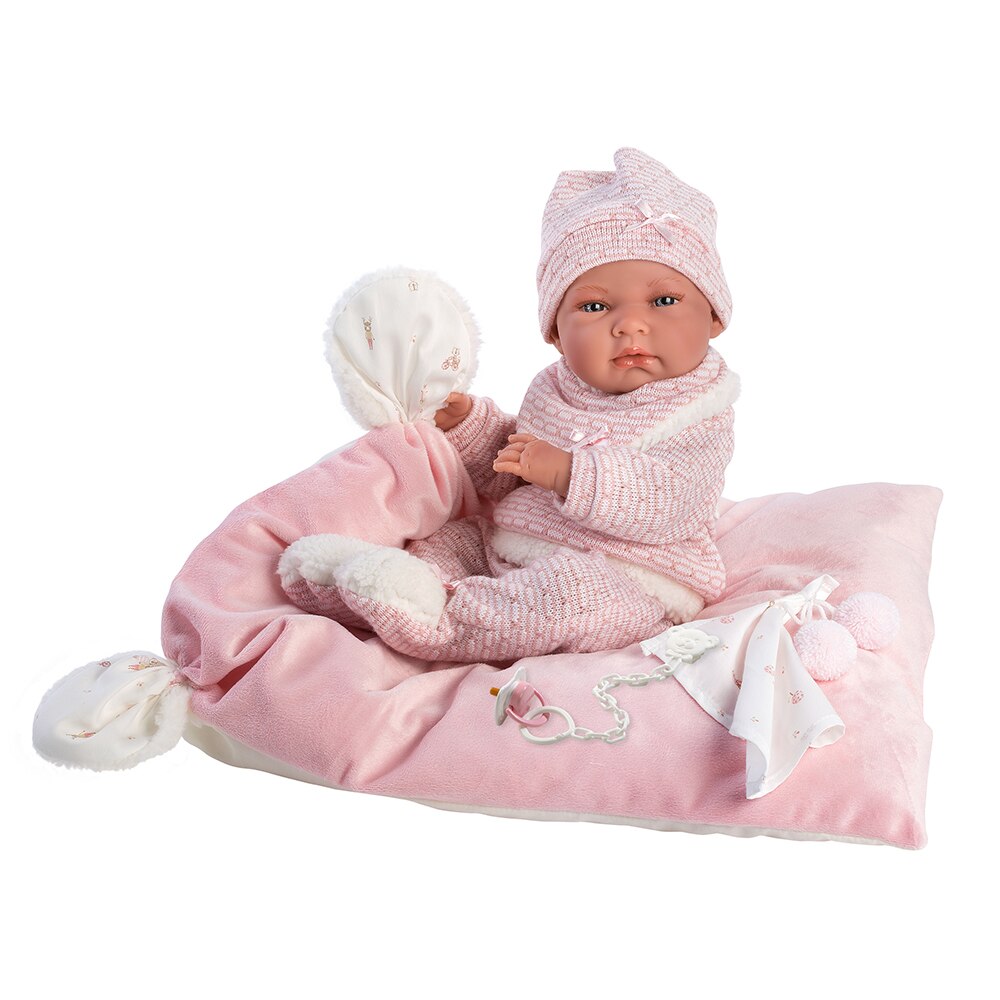 Papusa Llorens, Nica, 38 cm, cu paturica roz si suzeta