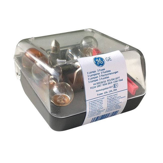 Set Emergency BOX General Electric continut: H4, P21/5W, P21W, R5W, C5W + sigurante 10A, 15A, 20A
