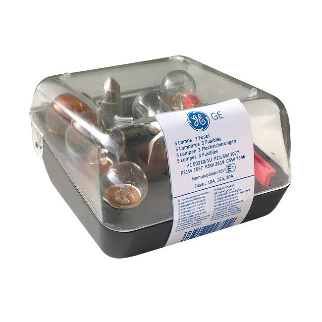 Set Emergency BOX General Electric continut: H1, P21/5W, P21W, R5W, C5W + sigurante 10A, 15A, 20A