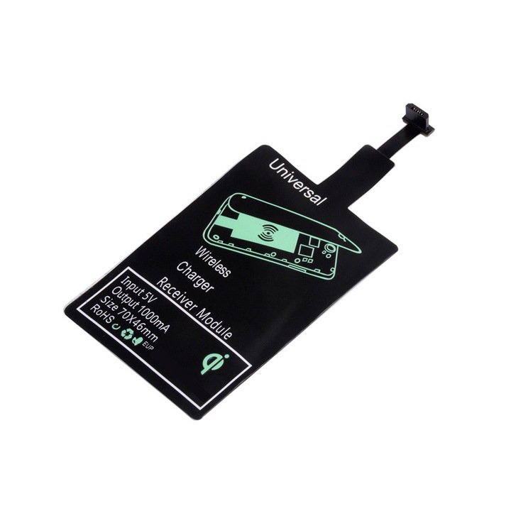 Приемник за безжично зарядно устройство тип Android Qi - A Mini USB безжичен приемник 5V / 1A, съвместим с тип USB - A USB Телефони Samsung LG Android, черни