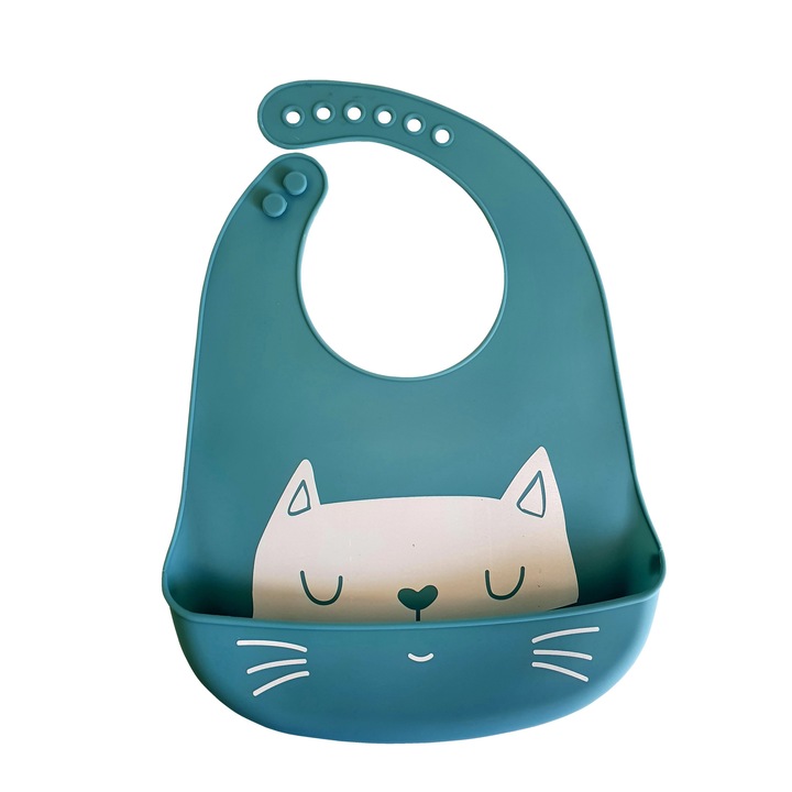 Bavetica pentru bebelusi flexibila din silicon moale, reglabila, buzunar colector, turcoaz