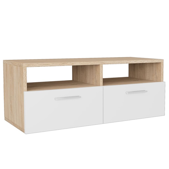 ТВ скрин Zakito Europe, 2 рафта, 2 отделения, дъб, бял, ПДЧ/PVC, 95x35x36см