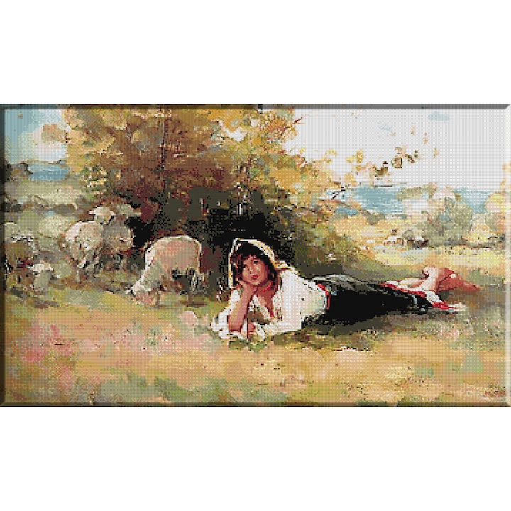 Goblen imprimat cu set ate - N.Grigorescu -Tarancuta cu turma de oi, KRIF, panza 10 ochiuri/cm 39 culori