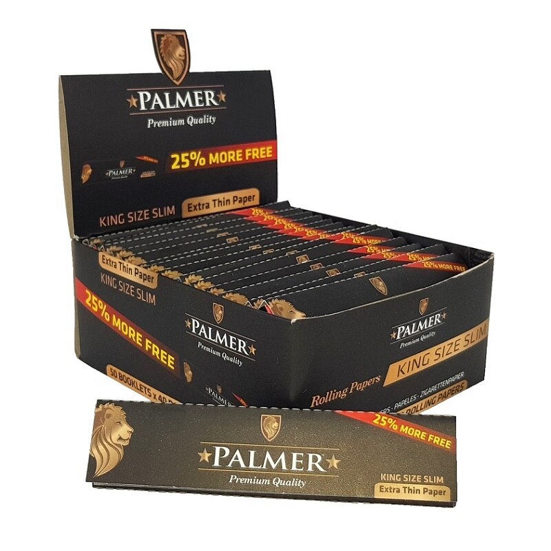 Cutie cu 50 pachete, cu 40 foite pentru rulat tigarete Palmer Black King Size Slim, ardere lenta, ultra subtire, 107mm