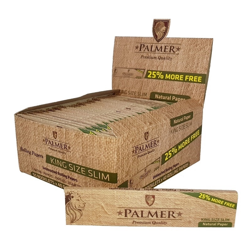 Cutie cu 50 pachete, cu 40 foite pentru rulat tigarete Palmer Natural Brown King Size Slim, ardere lenta, ultra subtire, 107mm