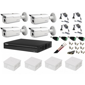 Sistem supraveghere video 4 camere Dahua HDCVI 2MP cu IR 80 m, accesorii incluse, vizualizare internet Sistem supraveghere video 4 camere Dahua HDCVI 2MP cu IR 80 m, accesorii incluse, vizualizare internet