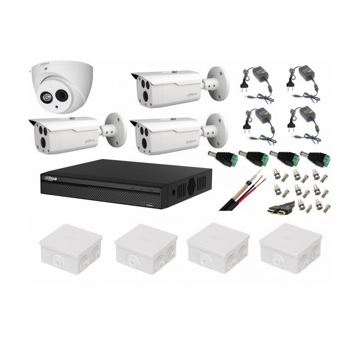 Kit supraveghere video mixt 4 camere Dahua 3 exterior HDCVI 2MP cu IR 80 m 1 interior IR50m cu accesorii, soft internet