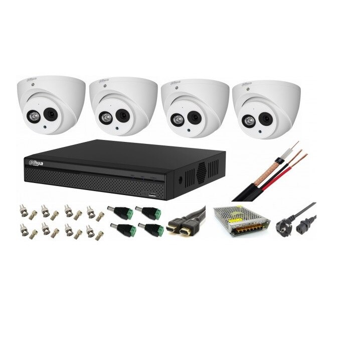 Sistem supraveghere video 4 camere Dahua Dome HDCVI 2MP cu IR 50 cu toate accesoriile, soft internet, microfon, difuzor