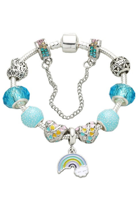 Bratara cu charmuri, placata cu argint, curcubeu cu norisor, inimioare colorate si margelute, 20