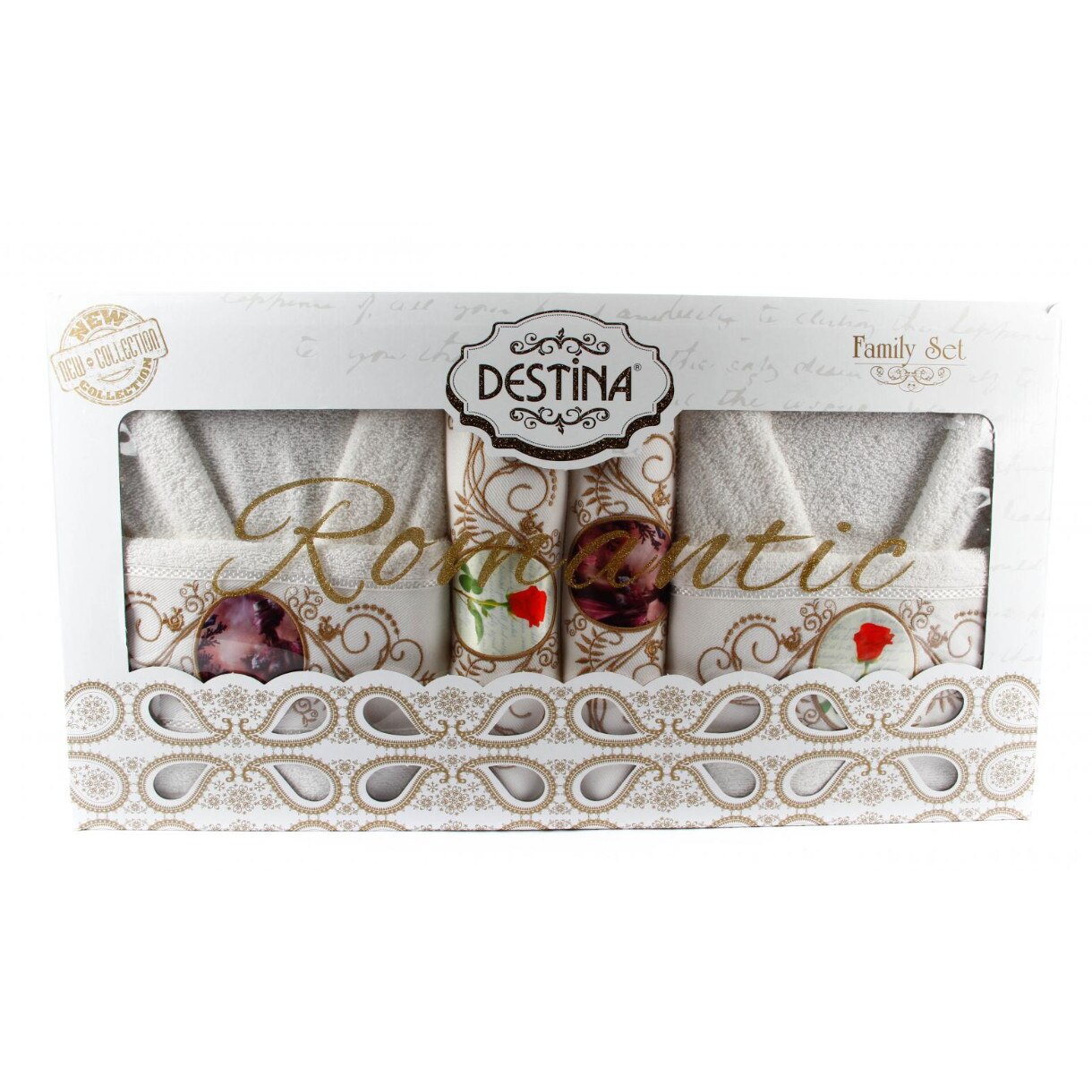 Set Family Destina 2 halate + 4 prosoape, brodate, culori crem cu model