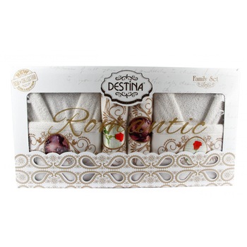 Set Family Destina 2 halate + 4 prosoape, brodate, culori crem cu model Set Family Destina 2 halate + 4 prosoape, brodate, culori crem cu model