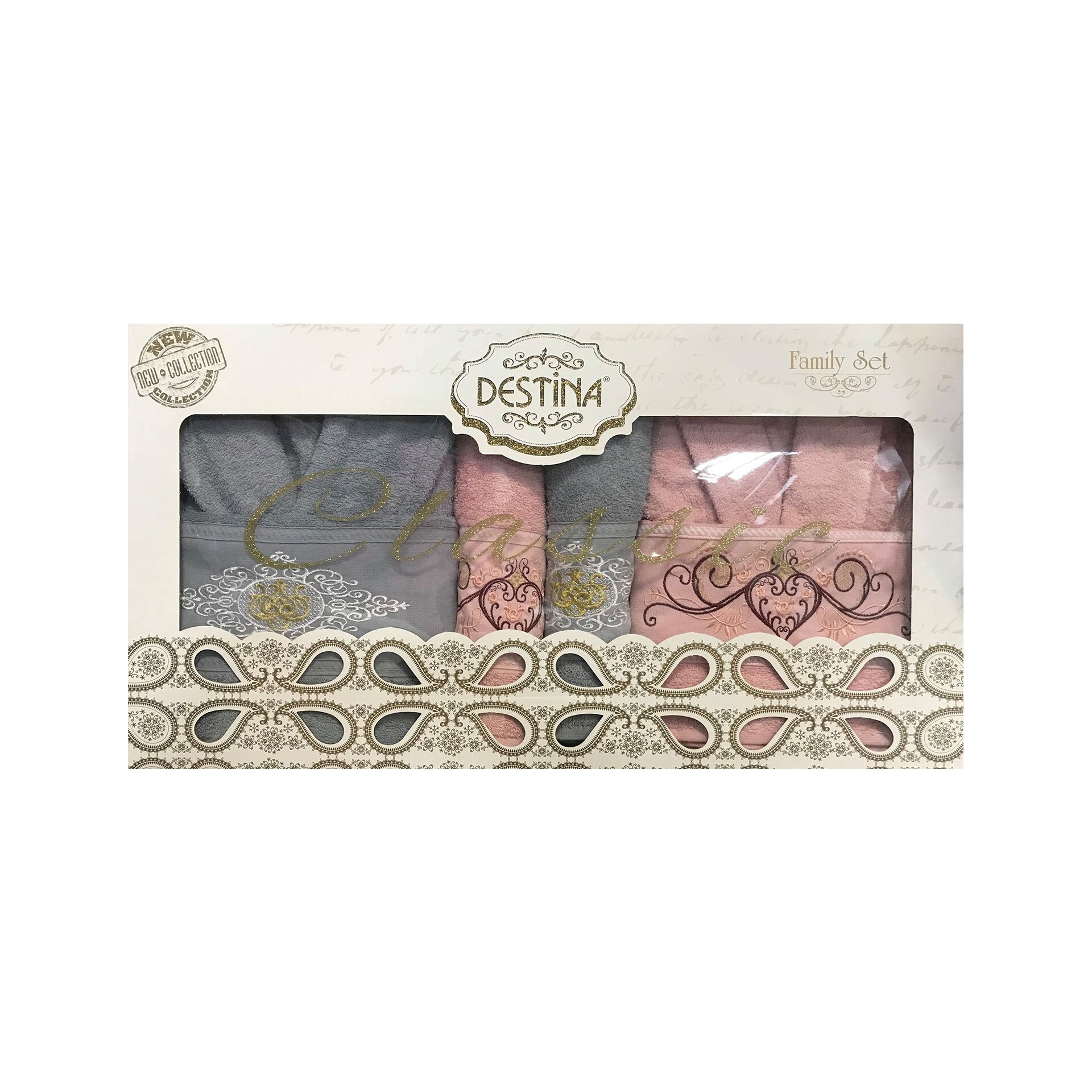 Set Family Destina 2 halate + 4 prosoape, brodate, culori gri + roz prafuit