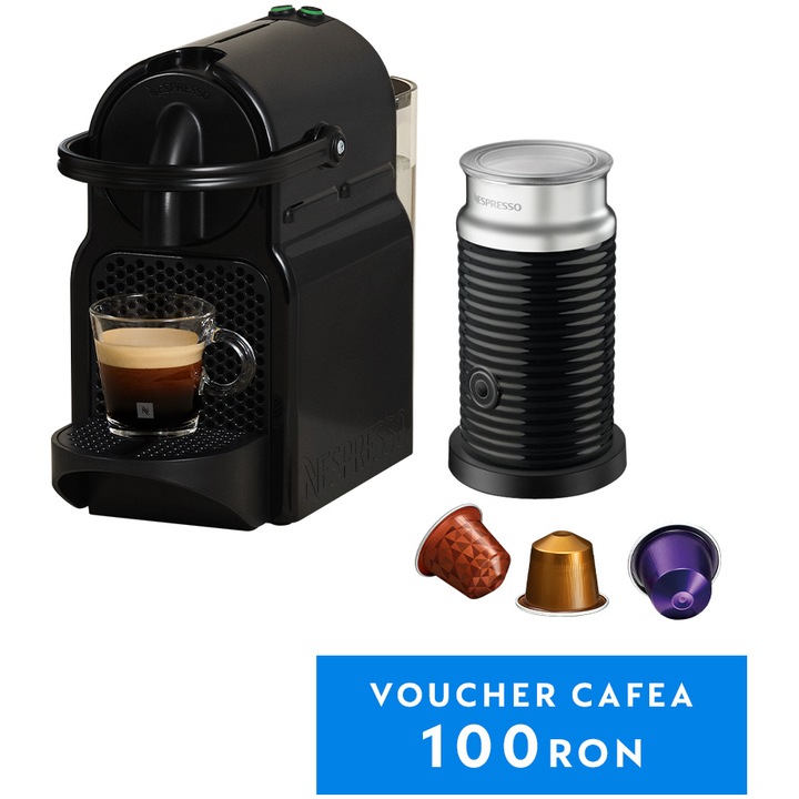 Pachet espressor Nespresso by De'Longhi Inissia, 1260 W, 19 bari, 0.7 l, Negru + aparat pentru spumare lapte Aeroccino, set capsule degustare inclus