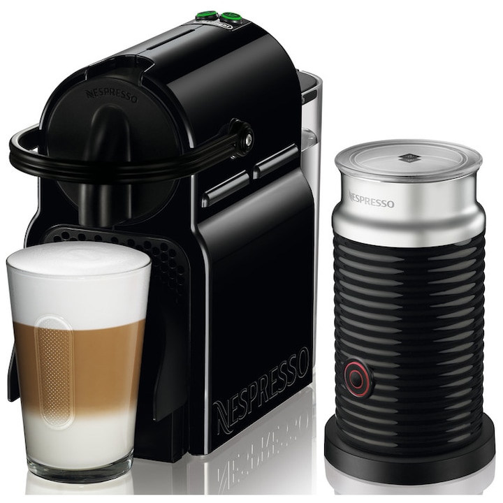 Pachet espressor Nespresso by De'Longhi Inissia, 1260 W, 19 bari, 0.7 l, negru + aparat pentru spumare lapte Aeroccino