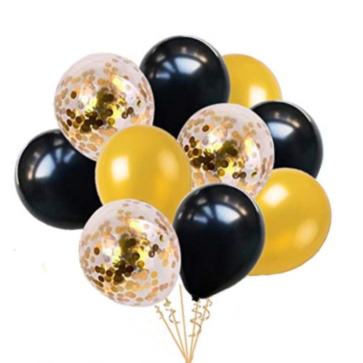 Set 10 baloane tansparente cu confetti negru auriu 30cm