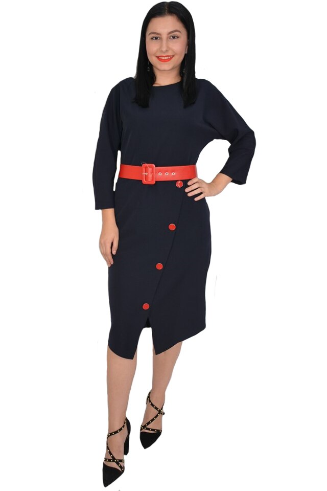 Rochie rafinata Adrianna cu crepeu in fata si nasturi de-a lungul crepeului,D&J Exclussive, Albastru marin
