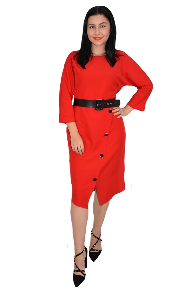 Rochie rafinata Adrianna cu crepeu in fata si nasturi de-a lungul crepeului,D&J Exclussive, Rosu