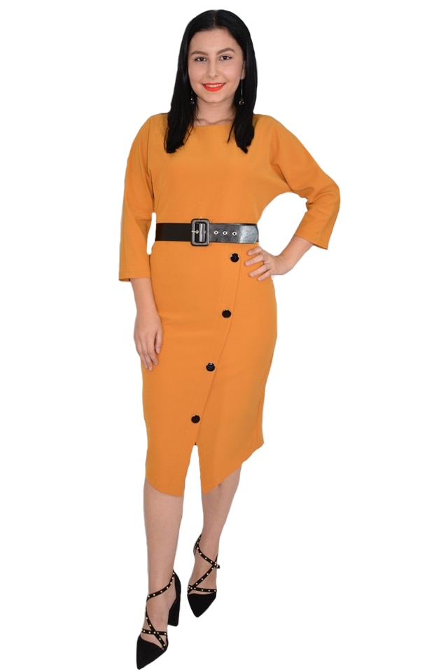 Rochie rafinata Adrianna cu crepeu in fata si nasturi de-a lungul crepeului,D&J Exclussive,negru,42 EU, Mustariu