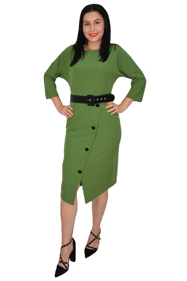 Rochie rafinata Adrianna cu crepeu in fata si nasturi de-a lungul crepeului,D&J Exclussive,negru,42 EU, Verde