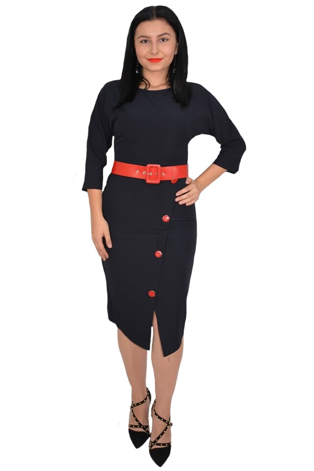 Rochie rafinata Adrianna cu crepeu in fata si nasturi de-a lungul crepeului,D&J Exclussive,negru,42 EU, Negru