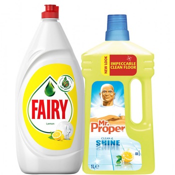 Pachet Detergent universal pentru suprafete Mr. Proper Lemon 1l + Detergent vase Fairy Lemon 800ml Pachet Detergent universal pentru suprafete Mr. Proper Lemon 1l + Detergent vase Fairy Lemon 800ml