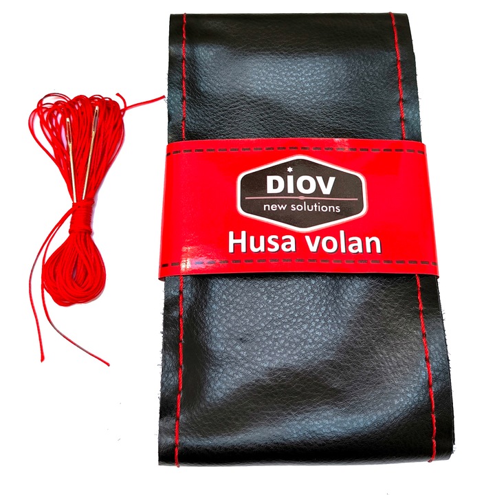 Husa Volan Premium din Piele Naturala Neagra, cu Ac si Ata Rosie pentru Cusut marimea M