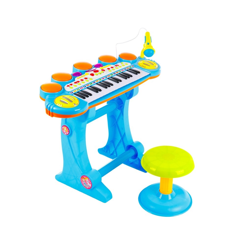 Pian electronic cu microfon si scaunel, 8 sunete de instrumente diferite, 6 ritmuri , 4 sunete de animale, PIANO SINGER, albastru