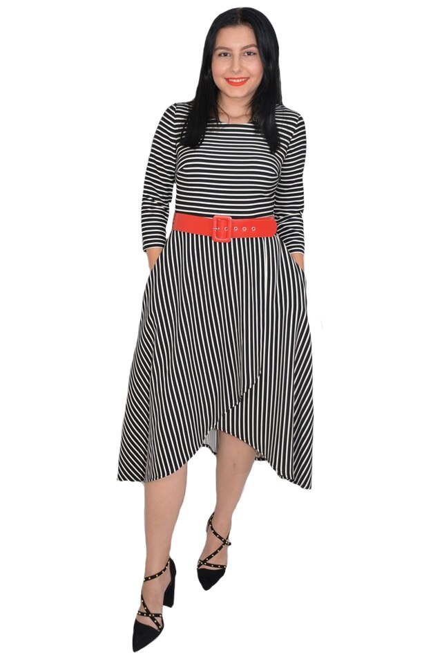 Rochie eleganta Serenity ,croi asimetric si model cu dungi,D&J Exclussive, Alb-Negru