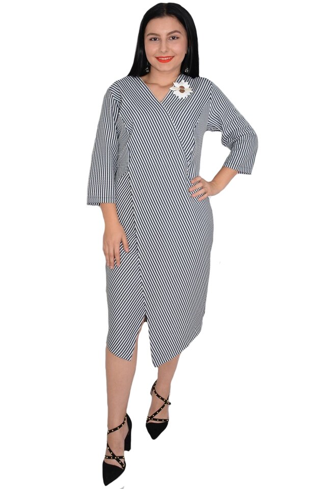 Rochie de zi Gianina cu dungi si crepeu,maneca trei sferturi,D&J Exclussive, Alb/Bleumarin