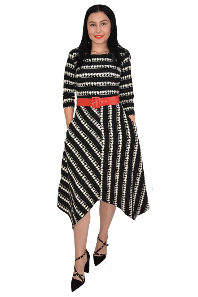 Rochie eleganta Zoey ,model cu dungi pepit si croi asimetric,D&J Exclussive, Negru