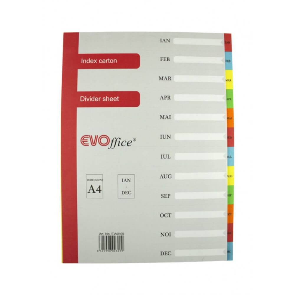 Index din Carton EVOffice Calendaristic, Format A4, Notat Ianuarie-Decembrie, Despartitoare din Carton