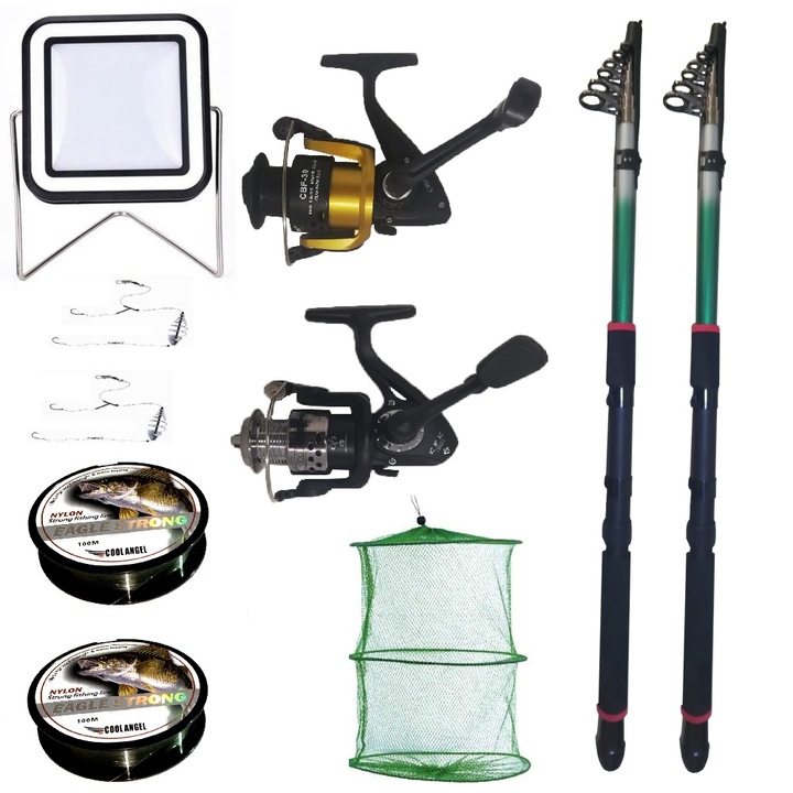 Set pescuit sportiv cu 2 lansete eastshark 2,4m, doua mulinete, proiector solar si accesorii