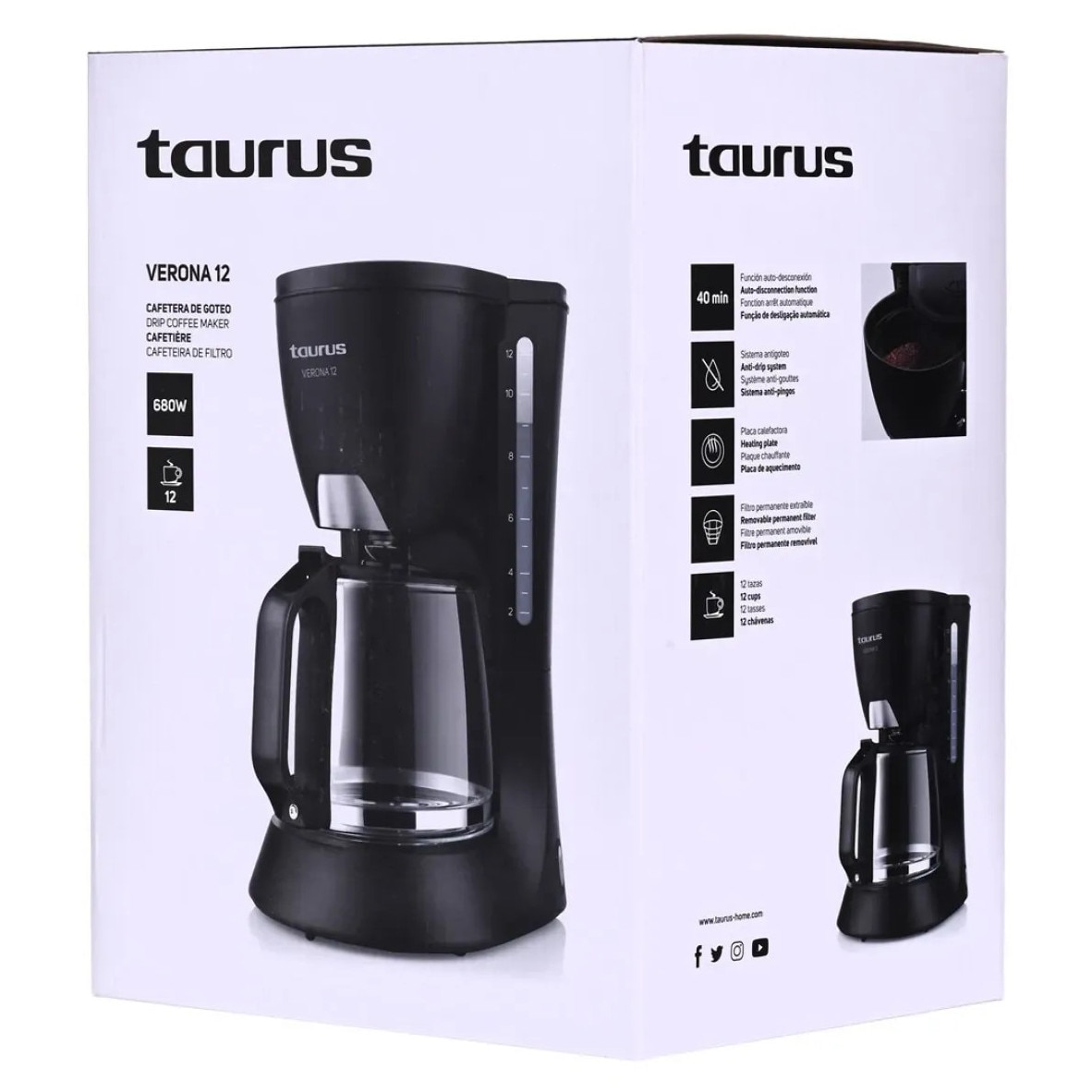 Cafetiera Programabila Taurus Verona Legend, 900W, 12 Cesti, Ecran LCD, Timer 24h, Sistem Anti‑Picurare, Functie Mentinere la Cald, Oprire Automata, Indicator Nivel Apa, Filtru Permanent, Design Negru‑Inox