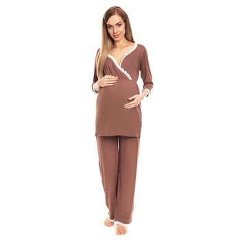 Pijama pentru alaptat, cu dantela, cappuccino L-XL Pijama pentru alaptat, cu dantela, cappuccino L-XL
