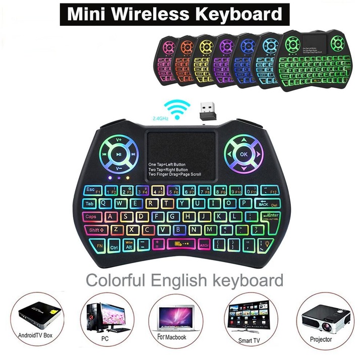 Mini Tastatura QWERTY Wireless I9 Plus Fly Air Mouse Cu 7 Culori RGB