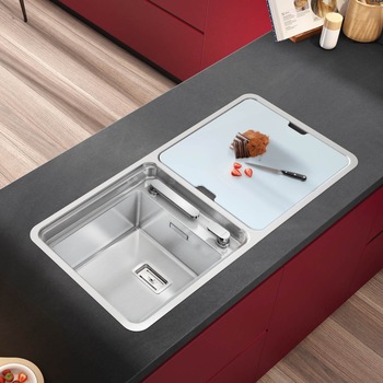 Set Chiuveta bucatarie inox CookingAid VISION 100, 1100*525*200mm cu baterie telescopica integrata, tocator sticla temperizata + accesorii montaj Set Chiuveta bucatarie inox CookingAid VISION 100, 1100*525*200mm cu baterie telescopica integrata, tocator sticla temperizata + accesorii montaj