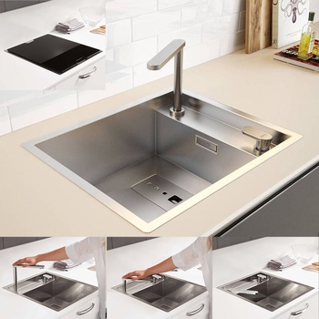 Set Chiuveta bucatarie inox CookingAid INVISIBLE 40R, 527*447*200mm cu baterie telescopica integrata, capac scurgere invizibil, tocator sticla temperizata + accesorii montaj Set Chiuveta bucatarie inox CookingAid INVISIBLE 40R, 527*447*200mm cu baterie telescopica integrata, capac scurgere invizibil, tocator sticla temperizata + accesorii montaj