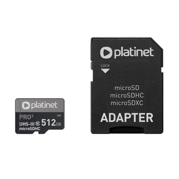 Card microSDXC Platinet 45095, 512GB, clasa 10 UHS-III 90Mb/s cu adaptor Card microSDXC Platinet 45095, 512GB, clasa 10 UHS-III 90Mb/s cu adaptor