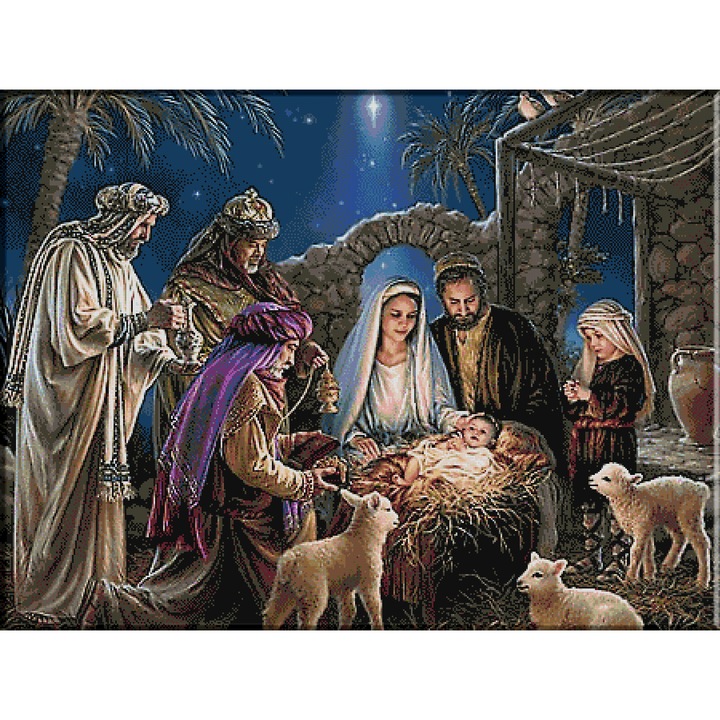 Goblen cu diagrame color si set ate - Noaptea Nasterii, KRIF, panza 10 ochiuri/cm 46 culori