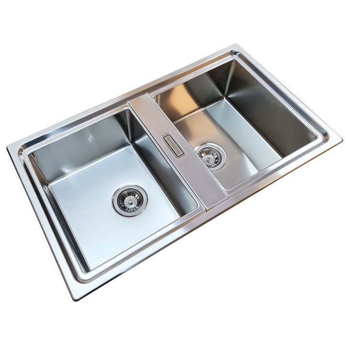 Chiuveta bucatarie cu 2 cuve inox dubla CookingAid FUSION 86BB, 860*500*200mm, reversibila stanga/dreapta + accesorii montaj
