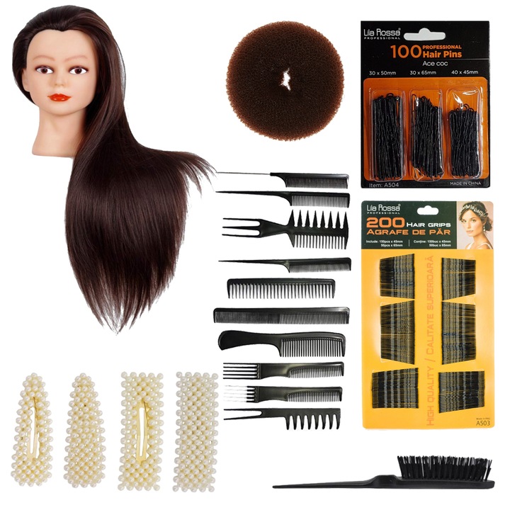 Set cap practica manechin Denisa Saten Natural 80% cu ace agrafe cu perle coc exersat coafuri impletituri salon frizerie