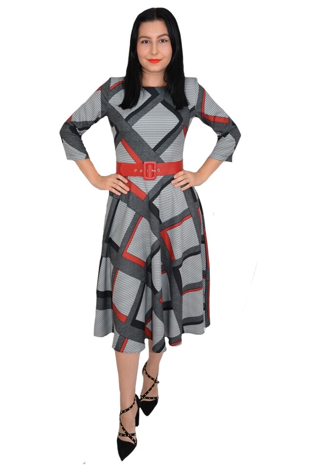 Rochie eleganta Dalah cu imprimeu geometric negru cu rosu,croi empire,D&J Exclussive, Gri