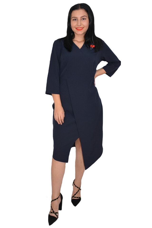 Rochie rafinata Mila cu crepeu in fata,model asimetric,D&J Exclussive, Albastru marin