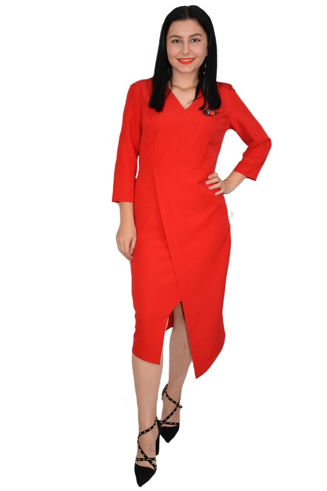 Rochie rafinata Mila cu crepeu in fata,model asimetric,D&J Exclussive, Rosu