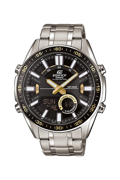 Casio, Часовник с хронограф и иноксова верижка, Сребрист / Черен / Жълт