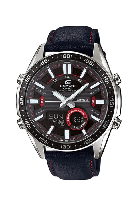 Casio, Часовник с хронограф и кожена каишка, Черен / Сребрист / Червен