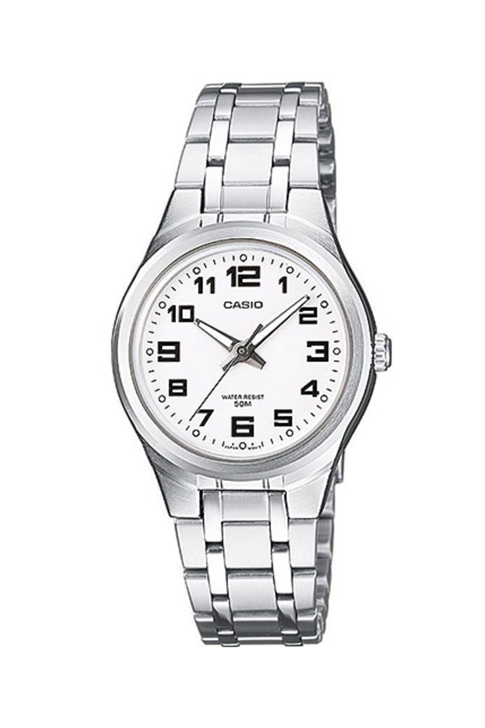 Casio, Ceas analog rotund cu bratara metalica, Argintiu/Alb