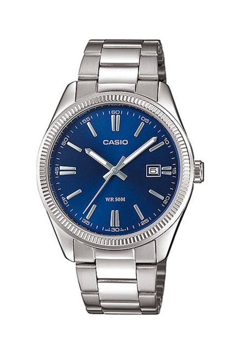 Casio, Часовник с верижка от неръждаема стомана, Сребрист / Син