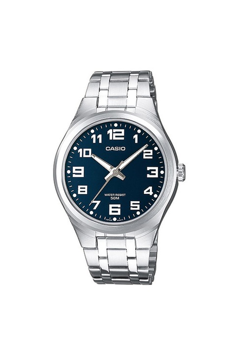 Casio, Унисекс овален часовник с метална верижка, Сребрист / Тъмносин