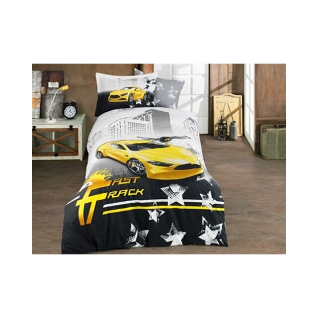 Lenjerie de pat bumbac FAST TRACK YELLOW CAR by Hobby Collection, lenjerie pat single, 3 piese, marime 160x220/50x70, 100% bumbac